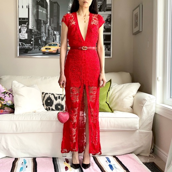 For Love & Lemon red crochet embroidery maxi dress - Picture 2 of 15